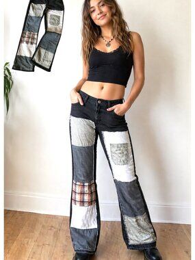 Upcycled Patchwork Jeans, Black Grunge Hippie Pants Tattered Patches Size 12 M